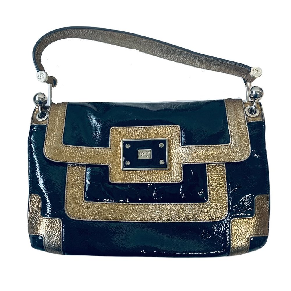 ANYA HINDMARCH Black/Gold Patent Leather Flap Shoulder Bag